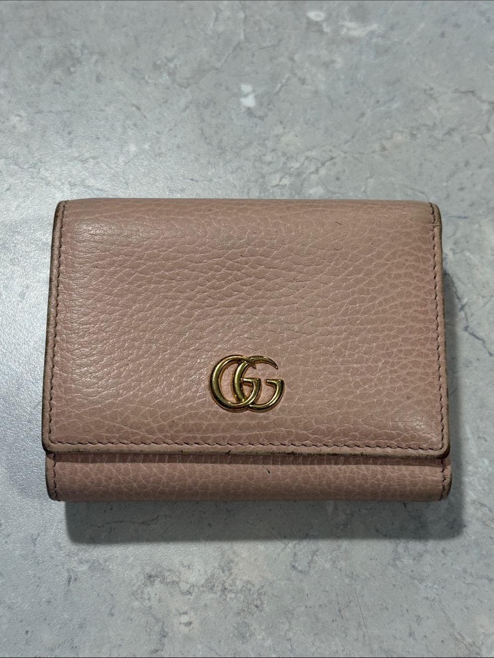 Gucci Pebbled Leather Trifold Wallet in Blush Pink with Gold GG